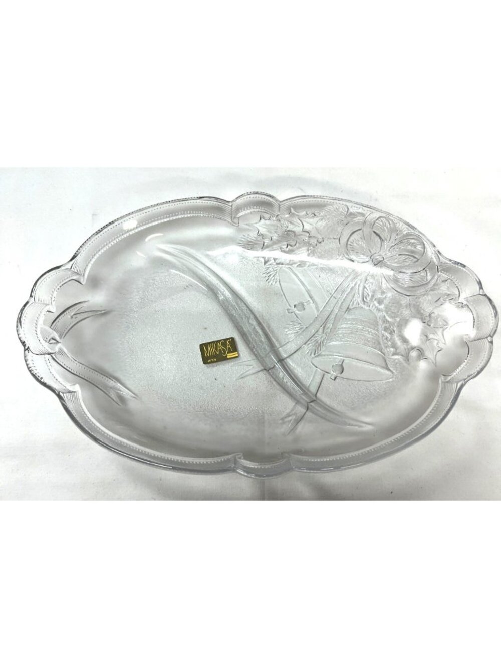 Mikasa Crystal Christmas Holiday Oval Platter With Embossed Holly & Bell Design